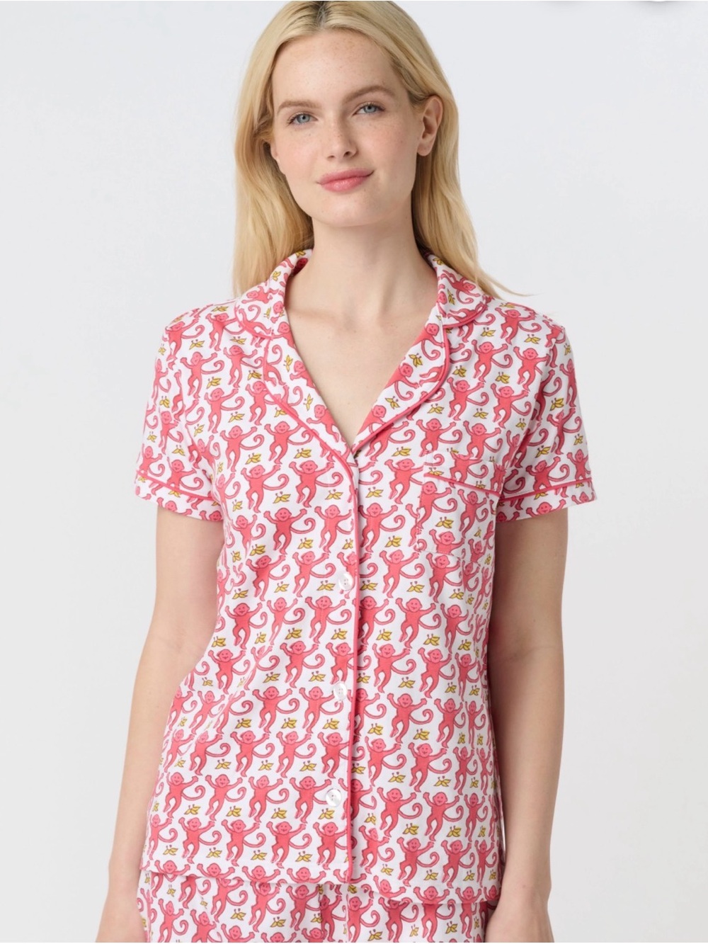 Roller Rabbit Monkey Print Pajama Polo Top, Pink, Size XXS